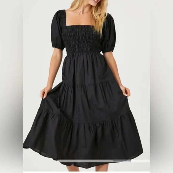 Forever 21 Tiered Puff-Sleeve Midi Dress Black Size Small Cottage Core Boho‎ - Picture 4 of 13